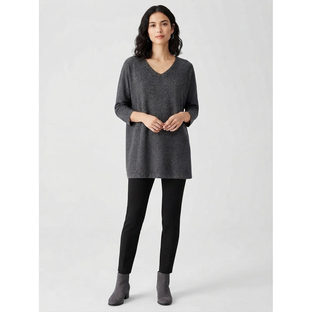 Eileen Fisher Tencel Merino Wool V-Neck Tunic Top Charcoal Grey Small